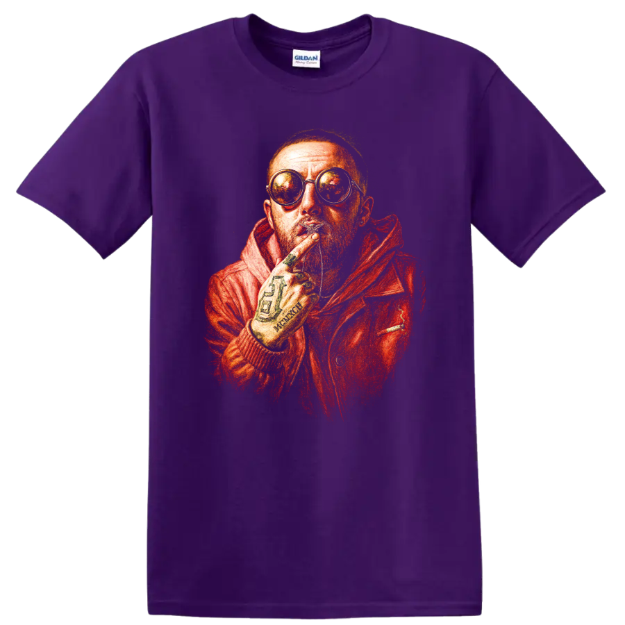 Mac Miller red-orange hip-hop portrait with round glasses on a Purple T Shirt