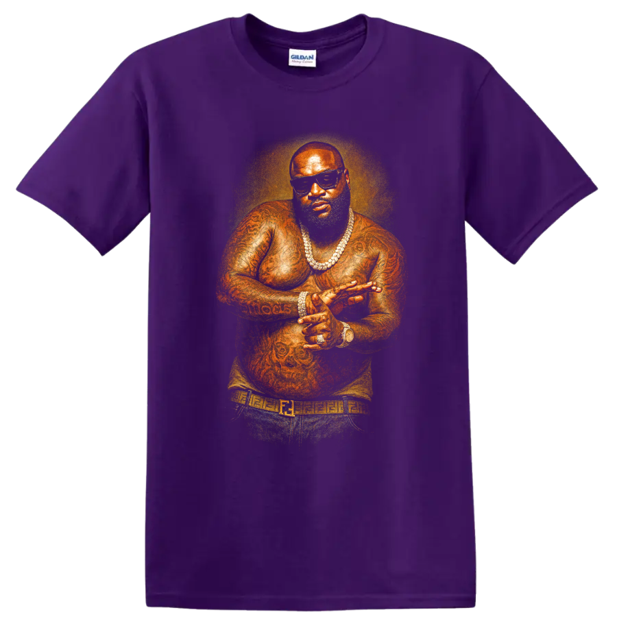 Rick Ross illustrated hip-hop portrait with sunglasses and jewelry on a Purple T Shirt