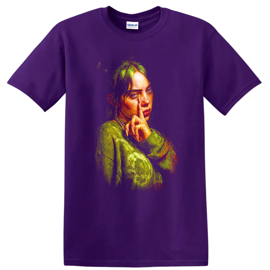 Billie Eilish pointillist portrait fan art in vivid green and orange tones on a Purple T Shirt