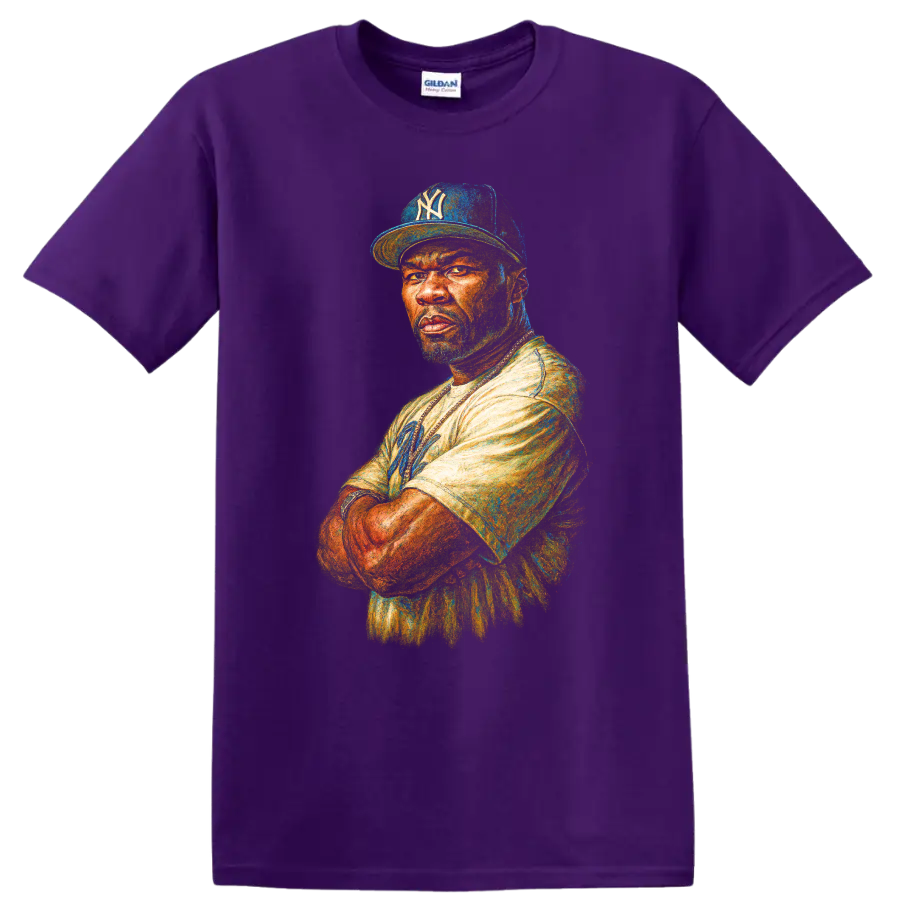 Colorful painterly portrait of 50 Cent wearing a Yankees cap on a Purple T Shirt