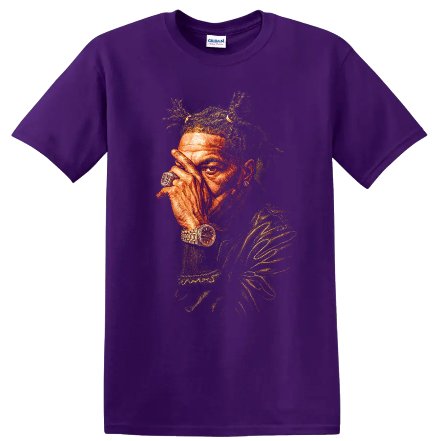 Boko Yout hip-hop portrait with vivid textured colors and jewelry on a Purple T Shirt