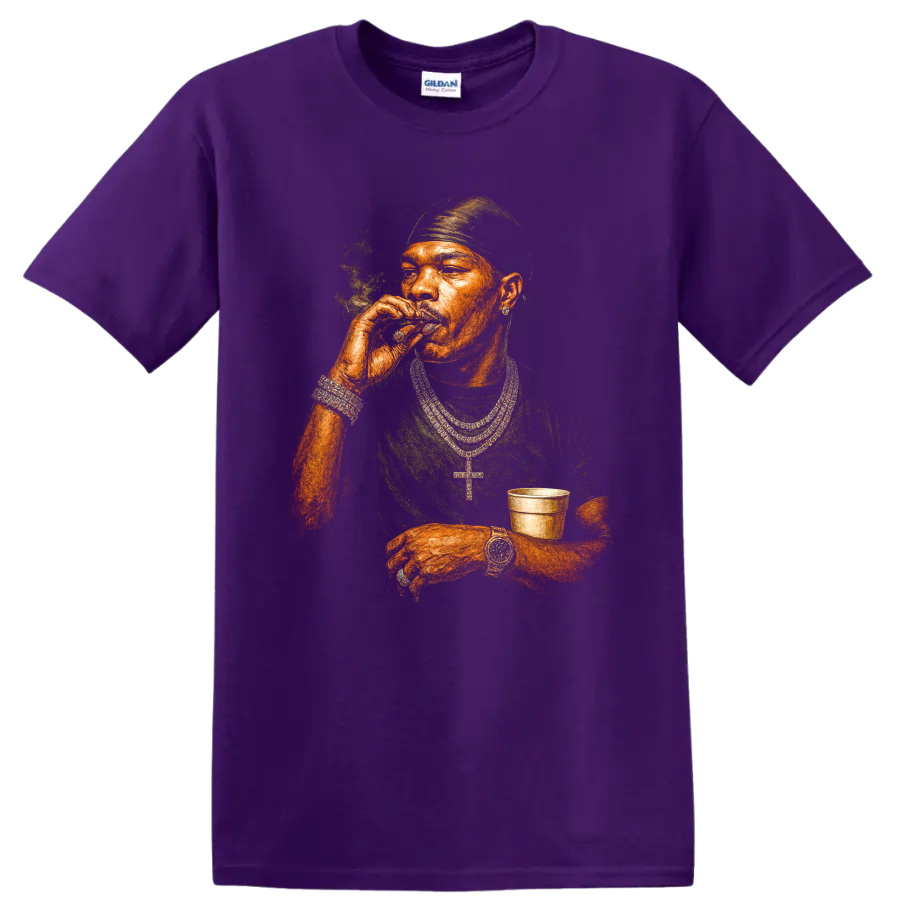 Bandana P hip-hop portrait graphic with bandana, chains, smoke, and cup on a Purple T Shirt