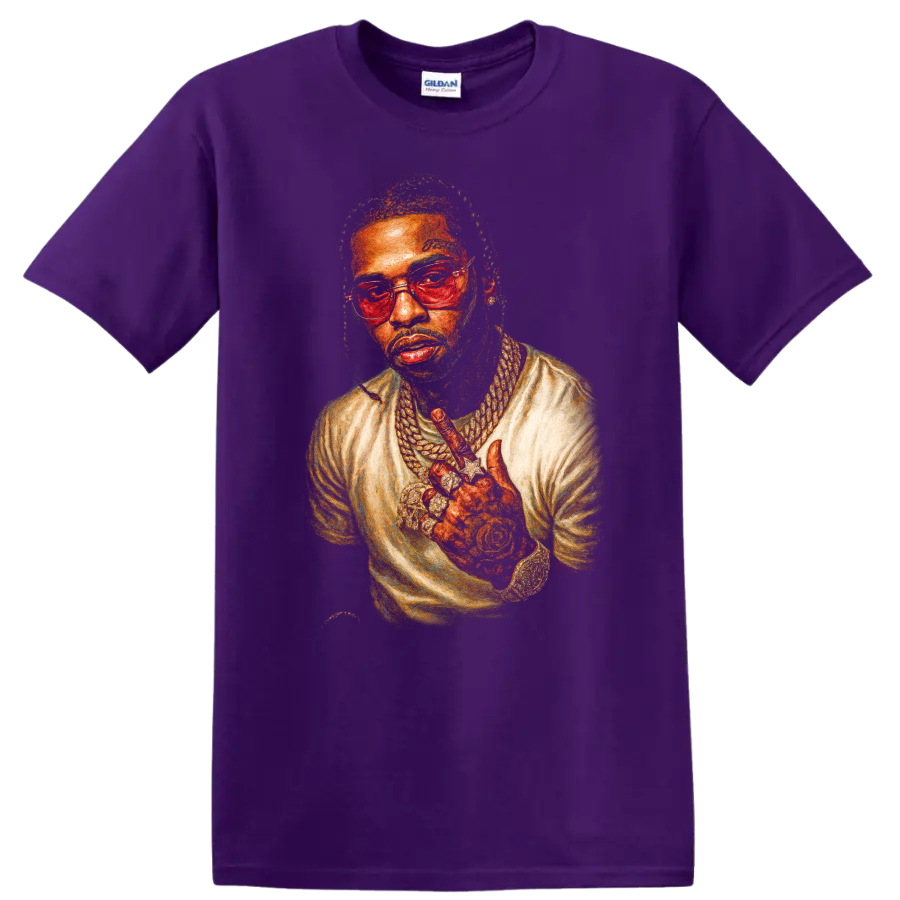 Pop Smoke Brooklyn drill illustrated portrait with glasses and layered jewelry on a Purple T Shirt