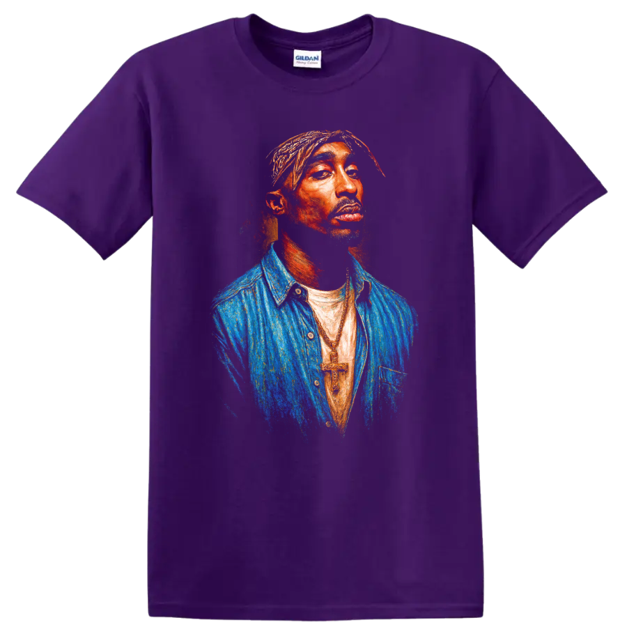 Tupac Shakur digital portrait in vivid hip-hop pop-art style on a Purple T Shirt