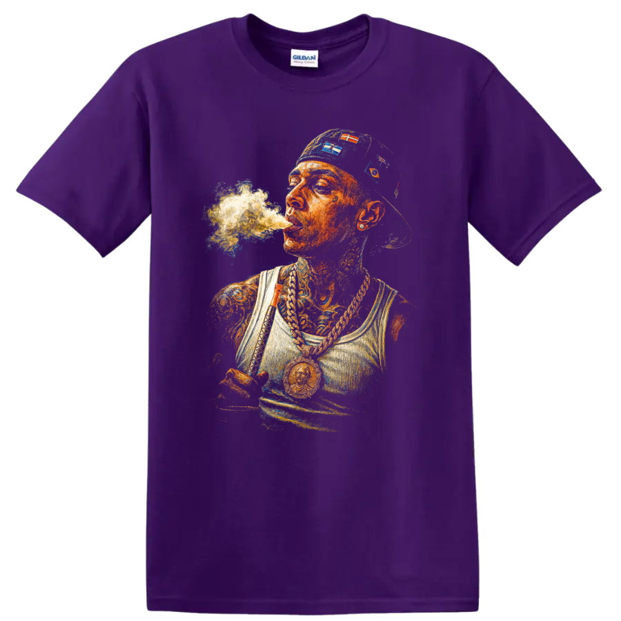 Central Cee UK drill portrait with tattoos, chains, cap, and smoke on a Purple T Shirt