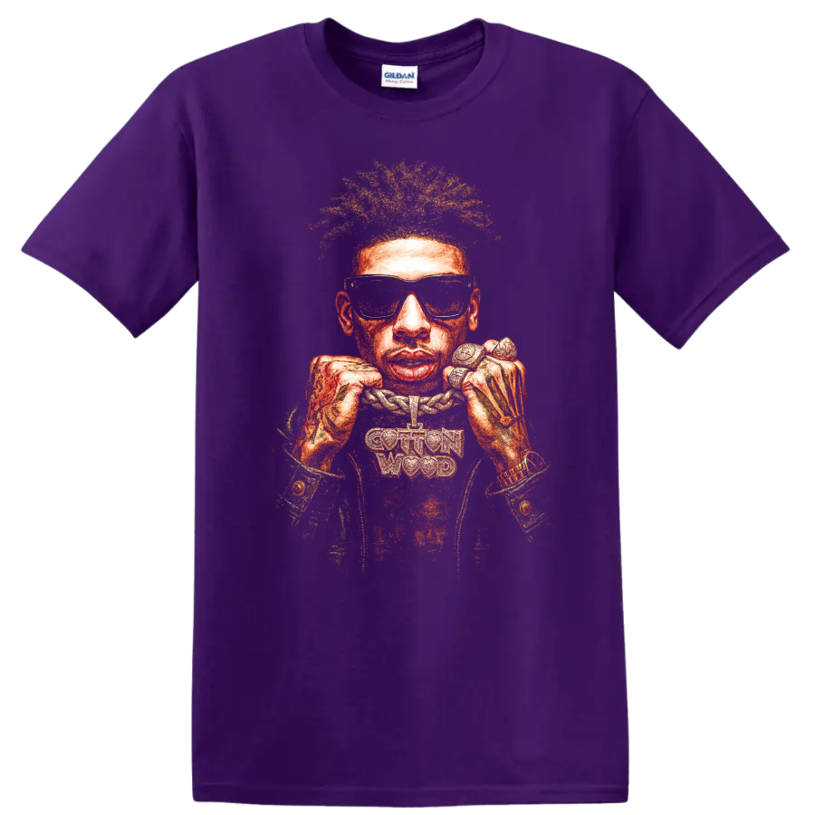 Kodak Black hip-hop portrait graphic with sunglasses and jewelry on a Purple T Shirt