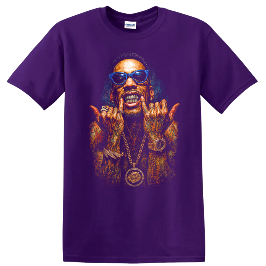 Tyga colorful hip-hop portrait with blue glasses and bold street-art style on a Purple T Shirt
