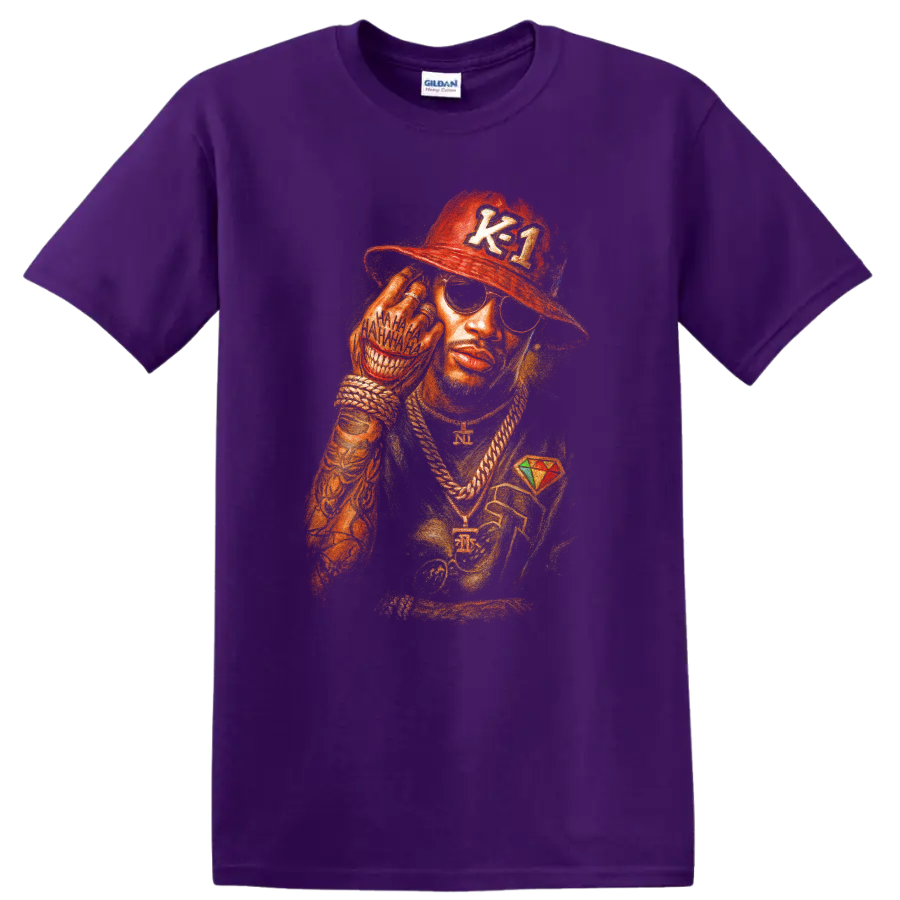 Future hip-hop stylized portrait with red cap, sunglasses, and gold chains on a Purple T Shirt