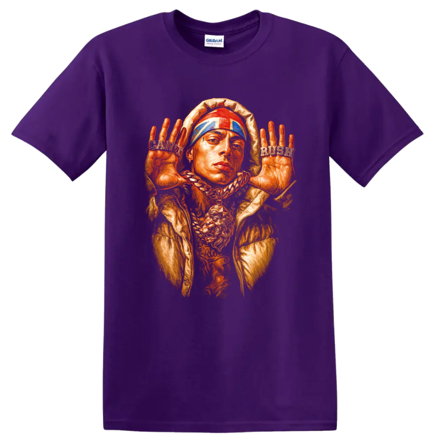 Central Cee UK drill portrait graphic with raised hands and bold streetwear style on a Purple T Shirt