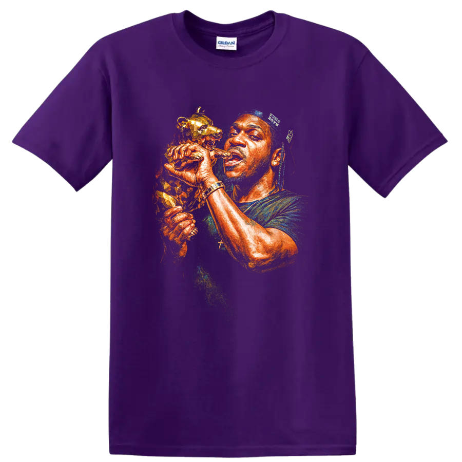 Lil Wayne stylized hip-hop portrait holding a microphone on a Purple T Shirt