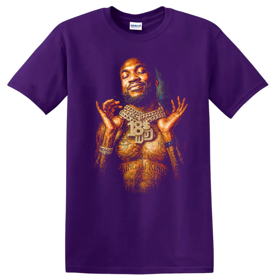 Meek Mill artistic hip-hop portrait with layered chain jewelry on a Purple T Shirt