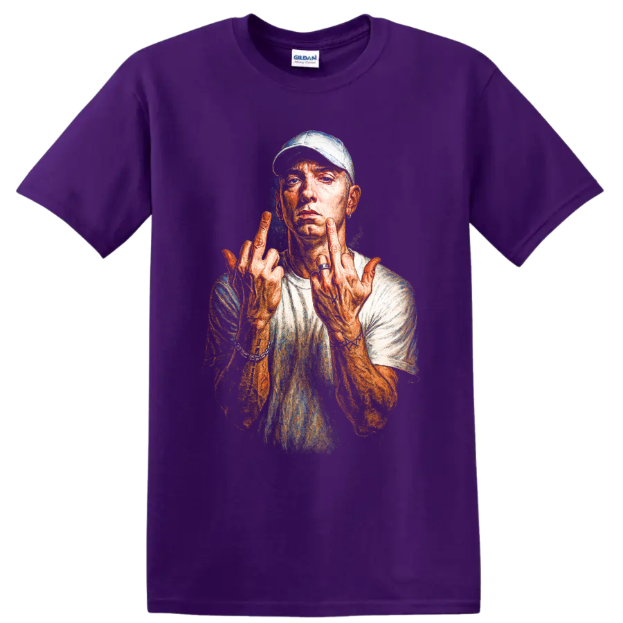 Eminem Slim Shady portrait illustration with raised middle fingers on a Purple T Shirt