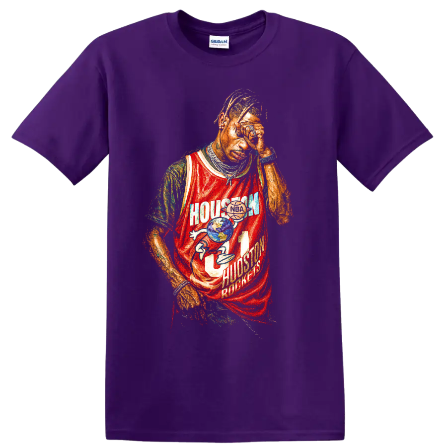 Travis Scott Houston Rockets distressed basketball jersey graphic on a Purple T Shirt