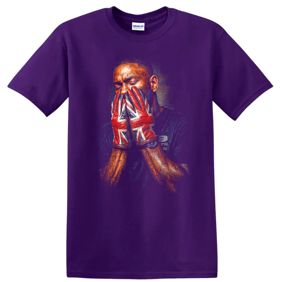 Skepta grime portrait with red patterned gloves, textured album cover style on a Purple T Shirt