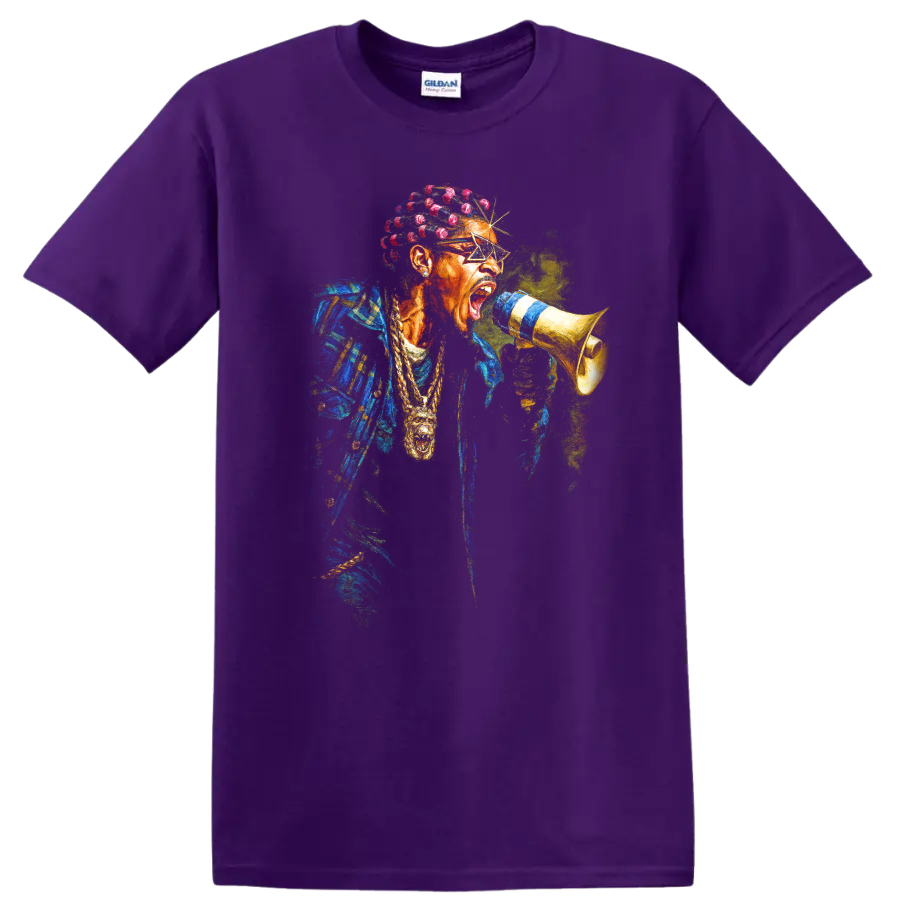 Playboi Carti colorful digital hip-hop portrait holding a megaphone on a Purple T Shirt