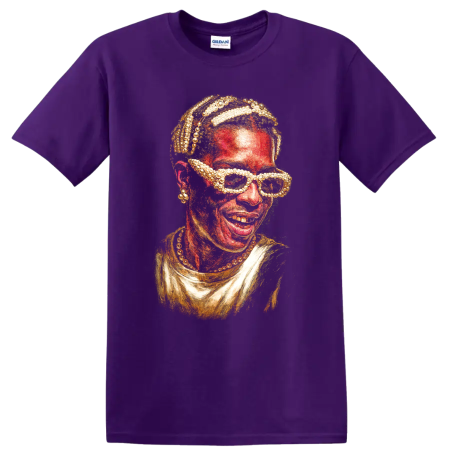 A$AP Ferg stylized hip-hop portrait artwork with textured red and gold details on a Purple T Shirt