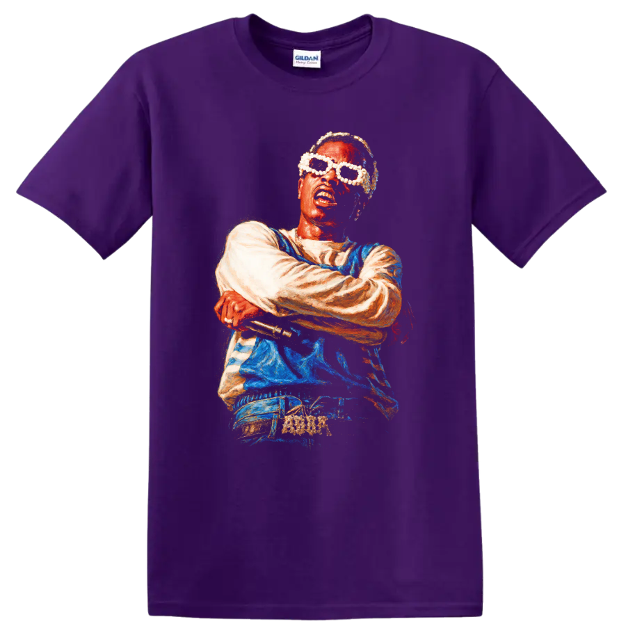 A$AP Ferg stylized hip-hop portrait artwork with sunglasses on a Purple T Shirt