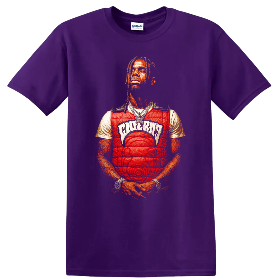 Travis Scott stylized red-toned hip-hop portrait graphic on a Purple T Shirt