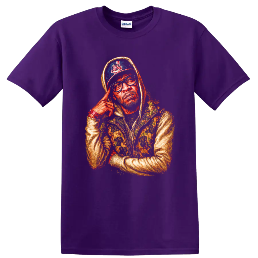 Roc Marciano hooded portrait with tinted glasses, colorful illustrated style on a Purple T Shirt