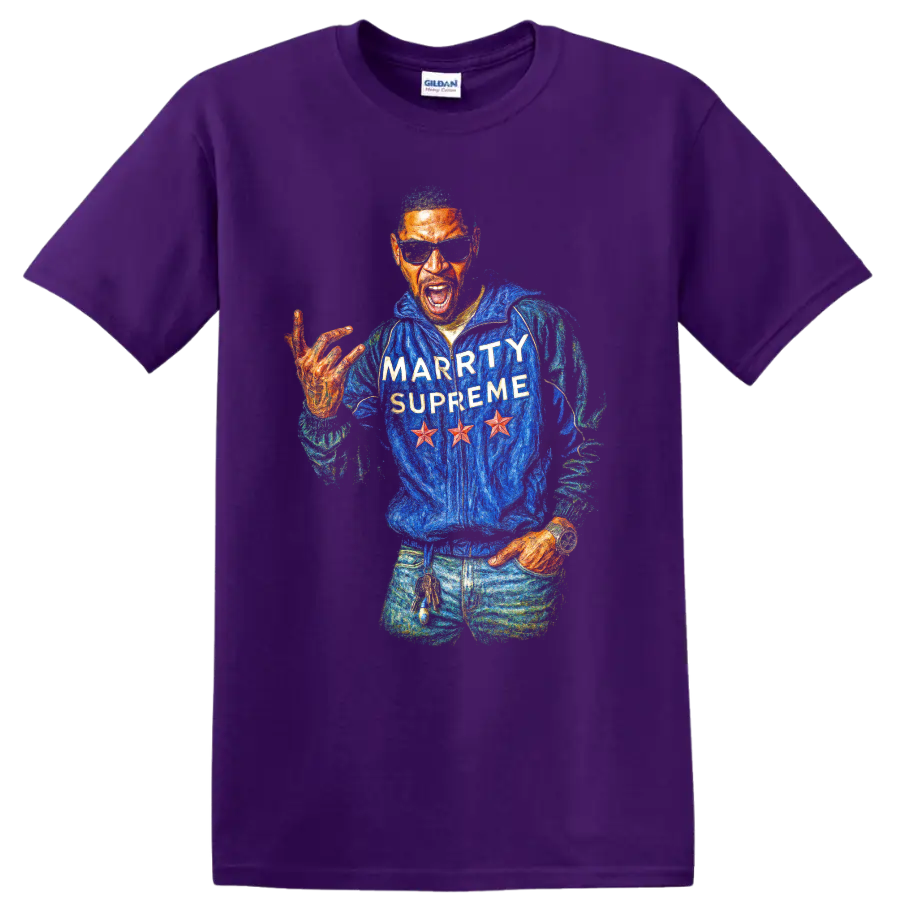 Kid Cudi Marty Supreme colorful hip-hop portrait graphic on a Purple T Shirt