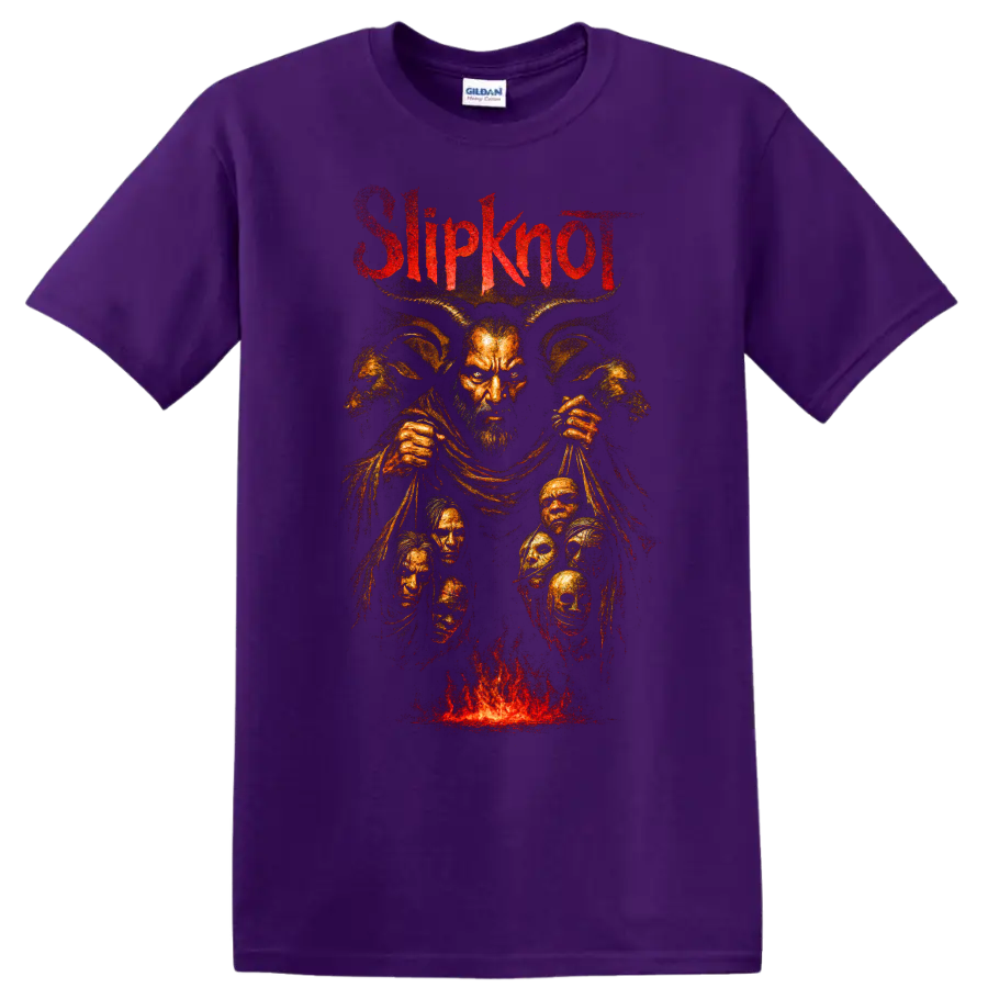 Slipknot Spit It Out dark metal graphic with horned figure and flames on a Purple T Shirt