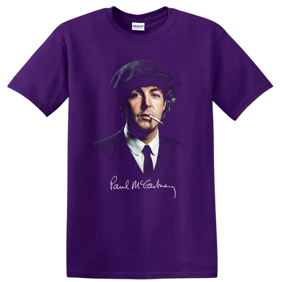 Paul McCartney smoking portrait in vintage rock style on a Purple T Shirt
