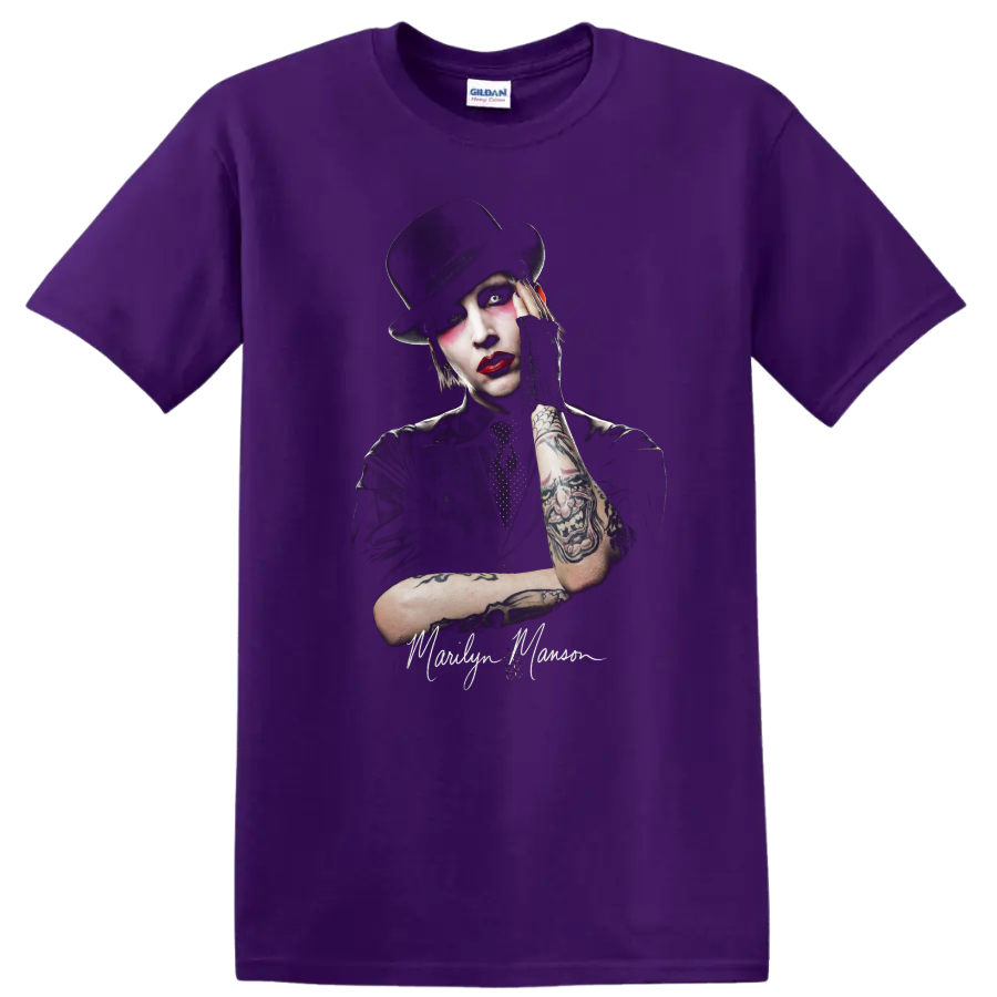 Marilyn Manson theatrical rock portrait with top hat and dramatic makeup on a Purple T Shirt