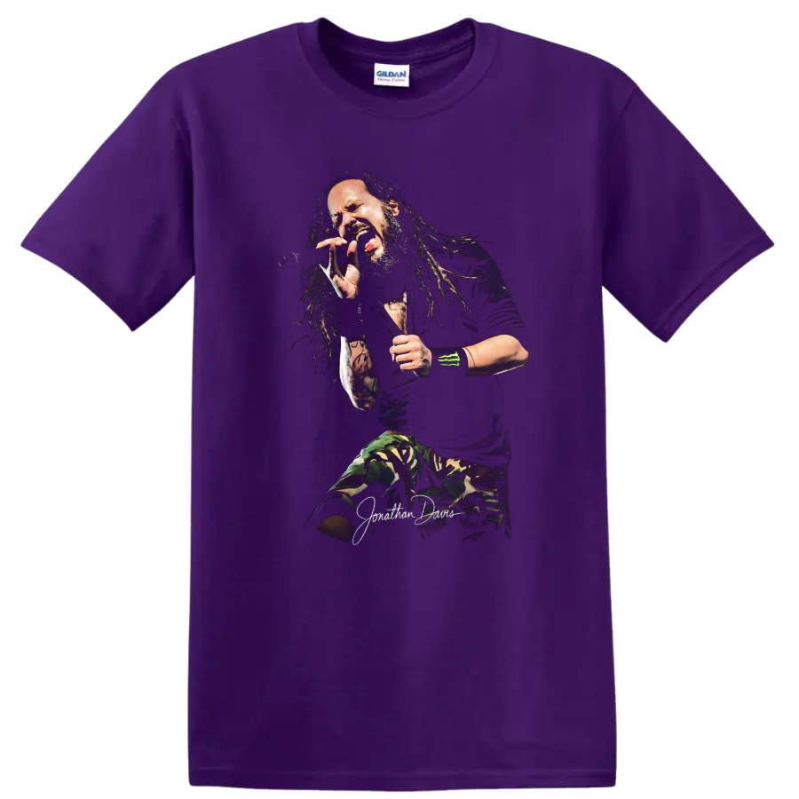 Jonathan Davis of Korn performing with a microphone in a dramatic sketch style on a Purple T Shirt