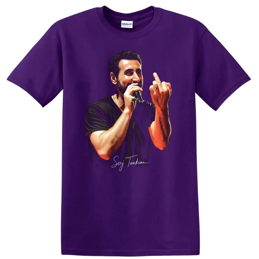 Serj Tankian pop-art portrait performing with a microphone on a Purple T Shirt