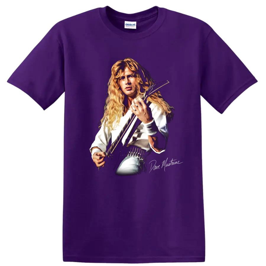 Dave Mustaine Megadeth thrash metal guitarist portrait with electric guitar on a Purple T Shirt