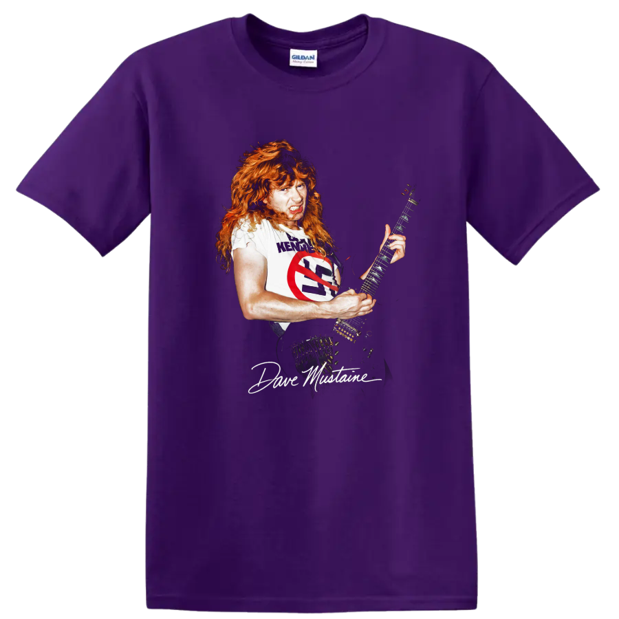 Dave Mustaine playing guitar in a bold thrash metal graphic on a Purple T Shirt