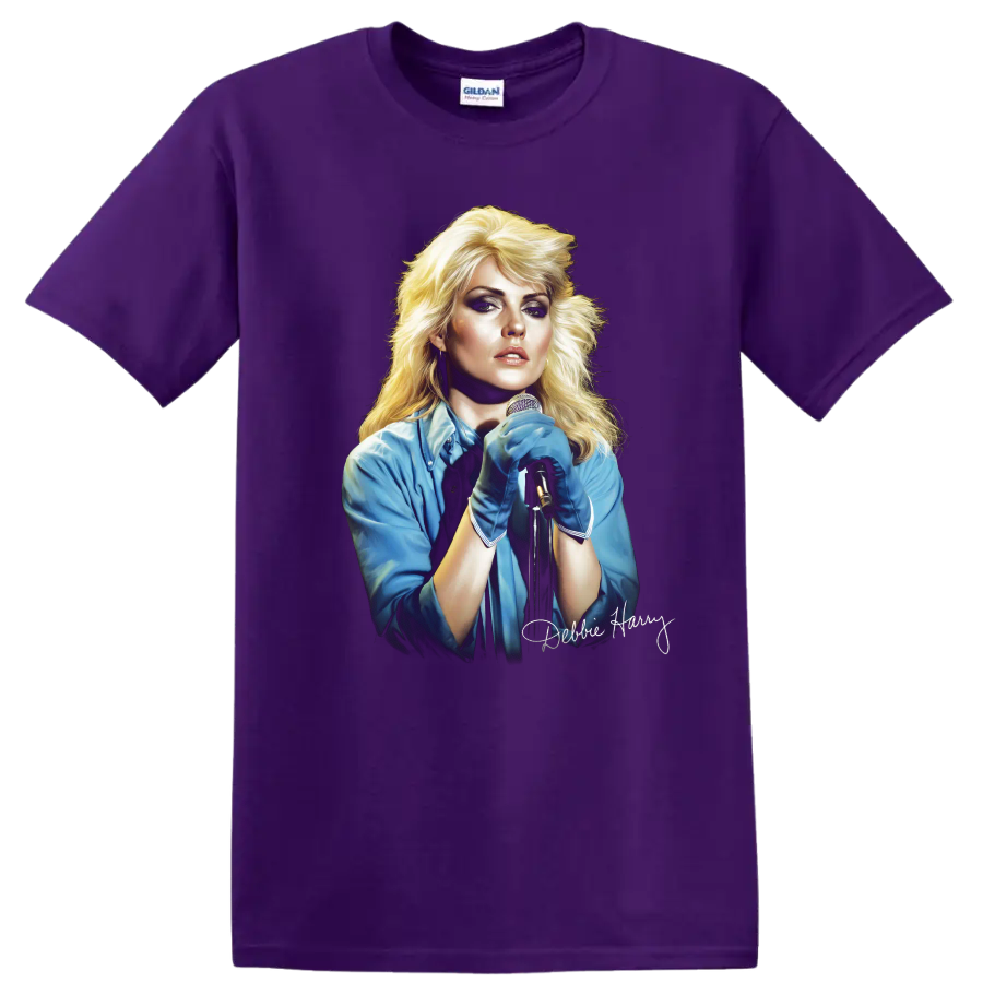 Debbie Harry Blondie singer portrait with microphone and signature on a Purple T Shirt