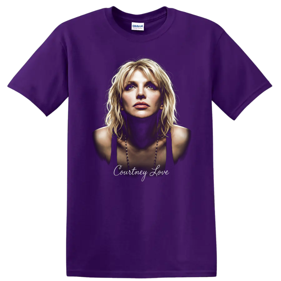 Courtney Love portrait with script text in a moody alternative rock design on a Purple T Shirt