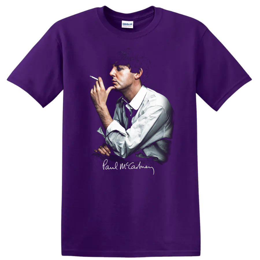Paul McCartney portrait graphic with signature and cigarette on a Purple T Shirt