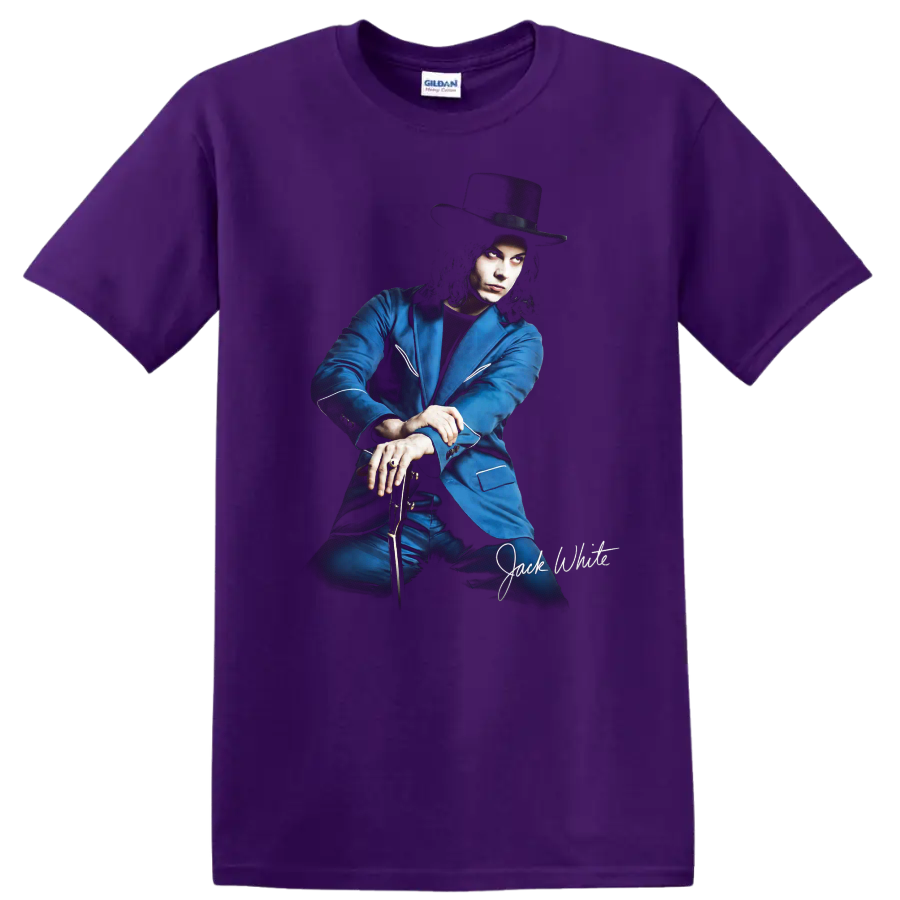 Jack White illustrated portrait in blue suit and wide-brim hat on a Purple T Shirt
