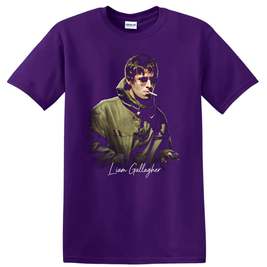 Liam Gallagher Oasis Britpop portrait with sunglasses and script lettering on a Purple T Shirt