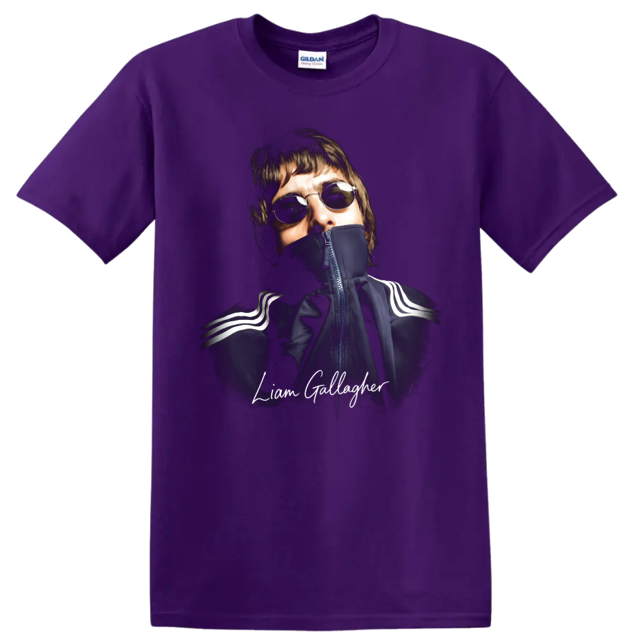 Liam Gallagher portrait with sunglasses and handwritten name graphic on a Purple T Shirt