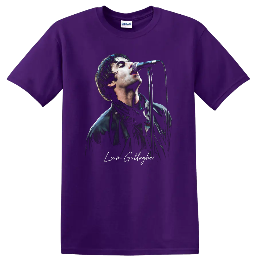 Liam Gallagher performing at a microphone in a high-contrast portrait graphic on a Purple T Shirt