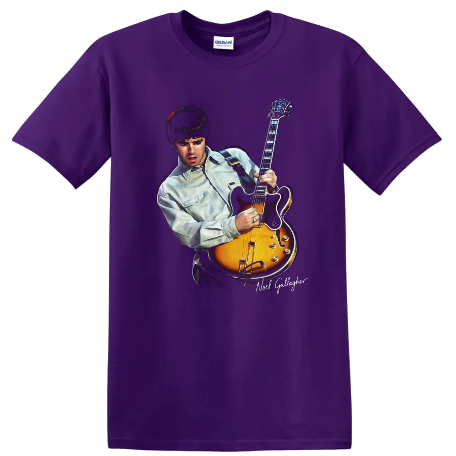 Noel Gallagher playing a sunburst Epiphone Riviera guitar graphic on a Purple T Shirt