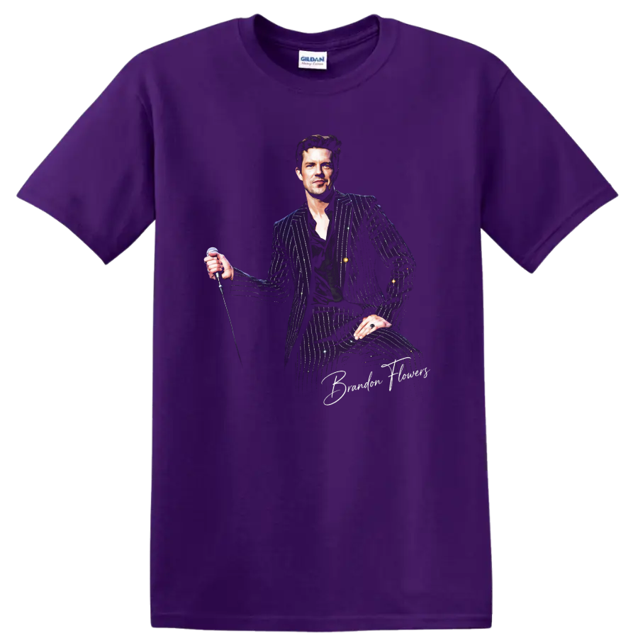 Brandon Flowers of The Killers illustrated portrait holding a microphone on a Purple T Shirt