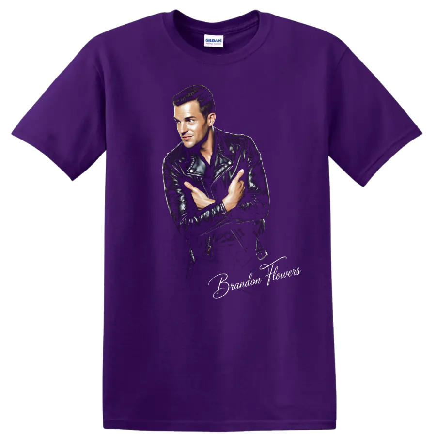 Brandon Flowers portrait in leather jacket, rock music graphic on a Purple T Shirt