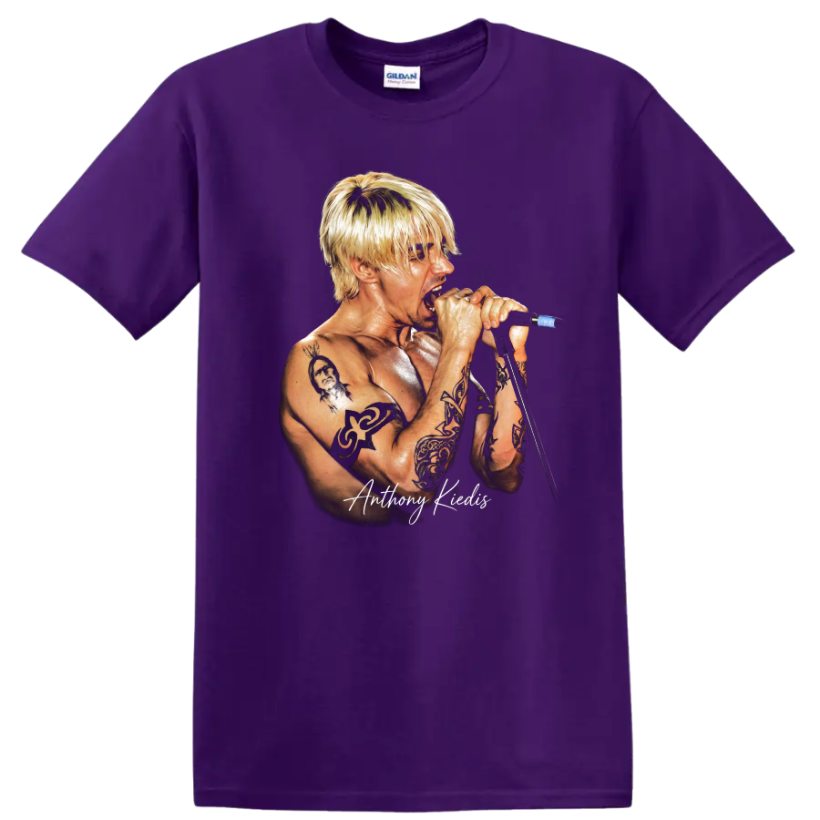 Anthony Kiedis performing into a microphone, detailed rock music portrait on a Purple T Shirt