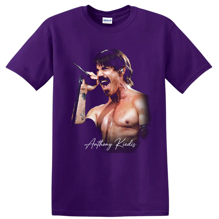 Anthony Kiedis singing into a microphone, rock portrait graphic on a Purple T Shirt