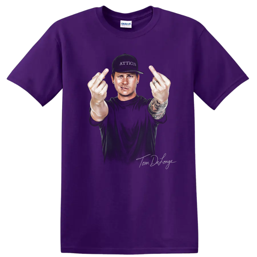 Tom DeLonge Blink-182 pop-punk portrait with rebellious hand gesture on a Purple T Shirt