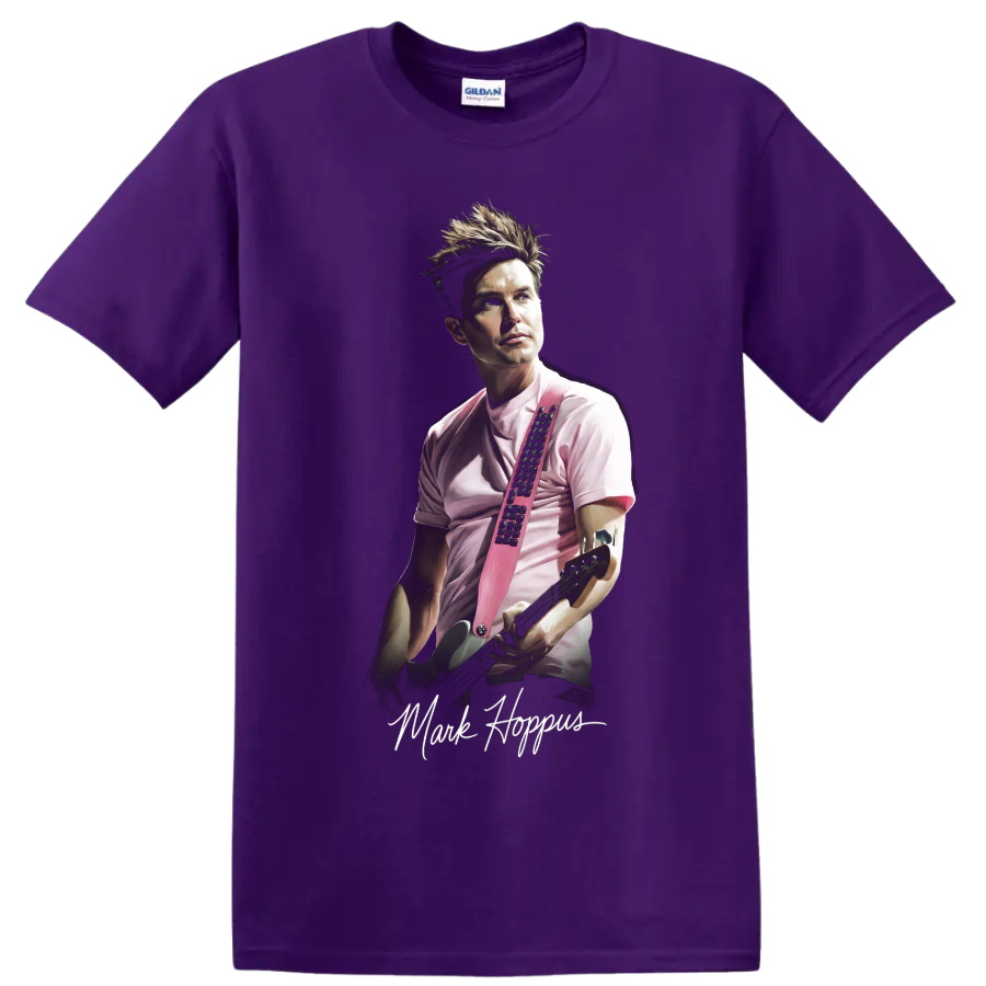 Mark Hoppus blink-182 pop-punk portrait holding a guitar on a Purple T Shirt