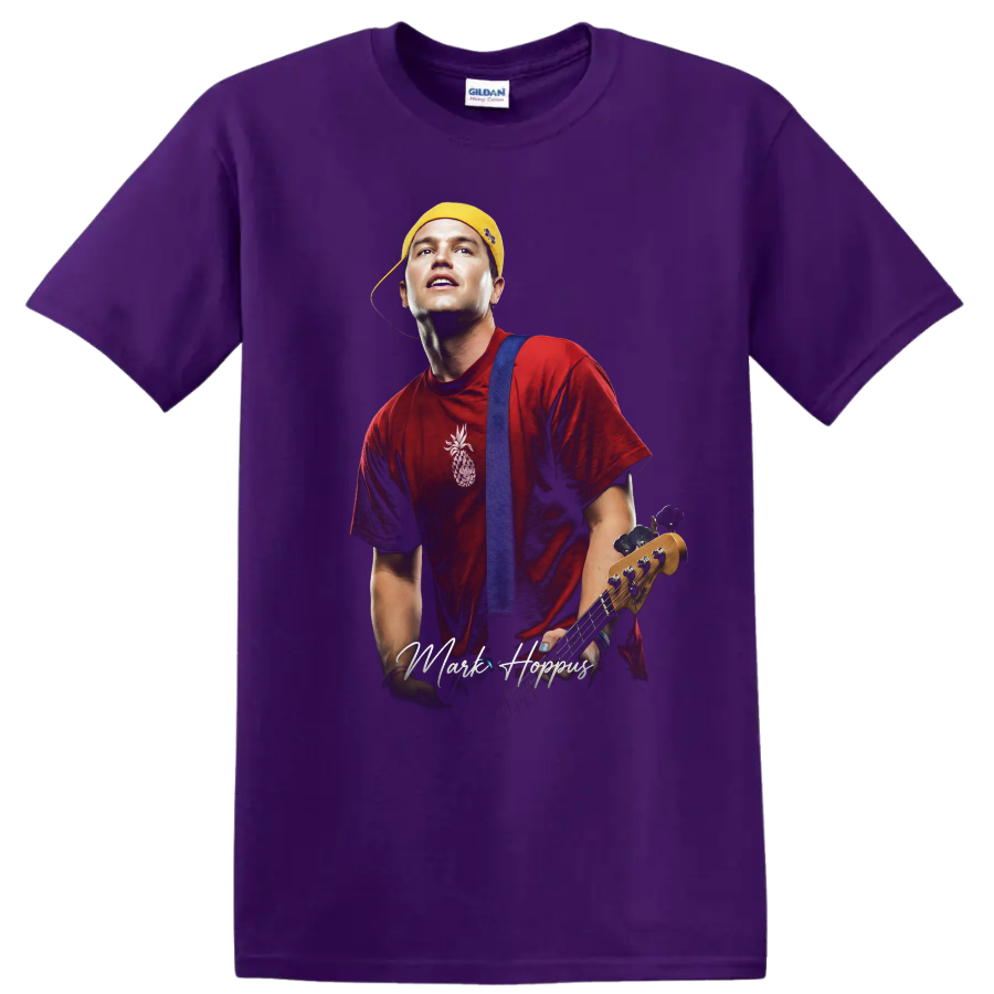 Mark Hoppus Blink-182 pop-punk portrait with bass guitar on a Purple T Shirt