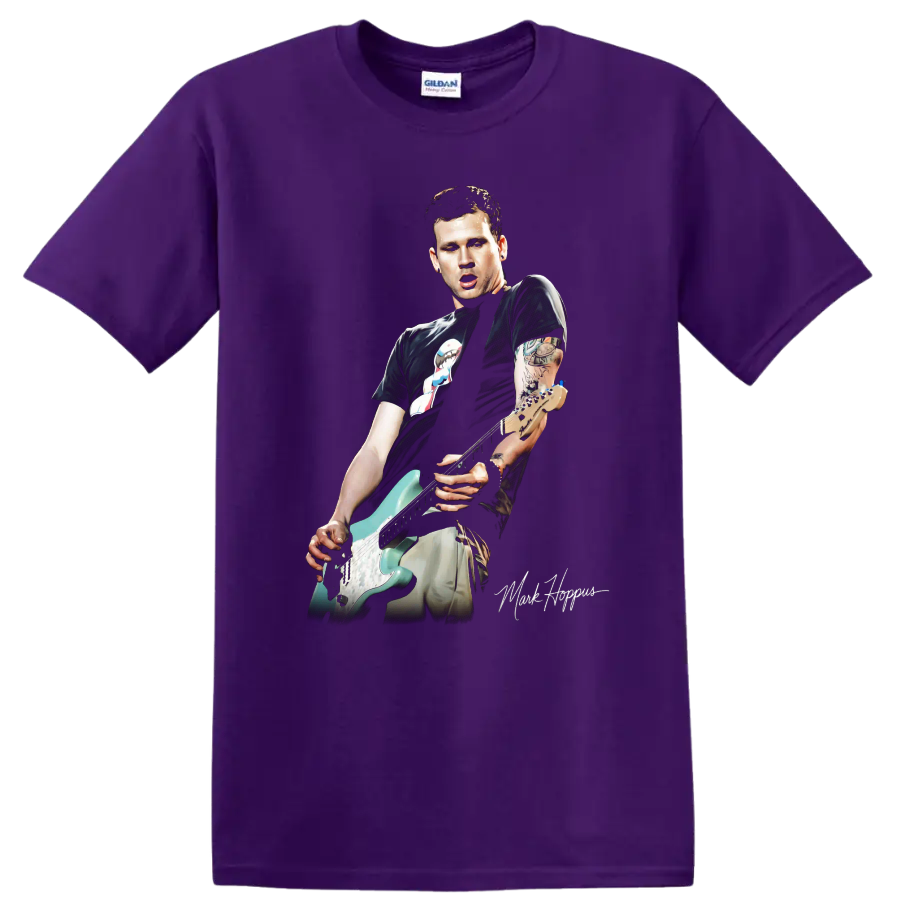 Mark Hoppus of Blink-182 playing an electric guitar in pop-punk graphic art on a Purple T Shirt