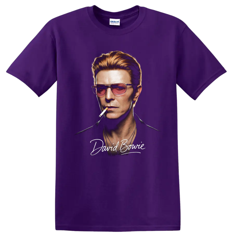 David Bowie portrait graphic with sunglasses, cigarette, and signature text on a Purple T Shirt