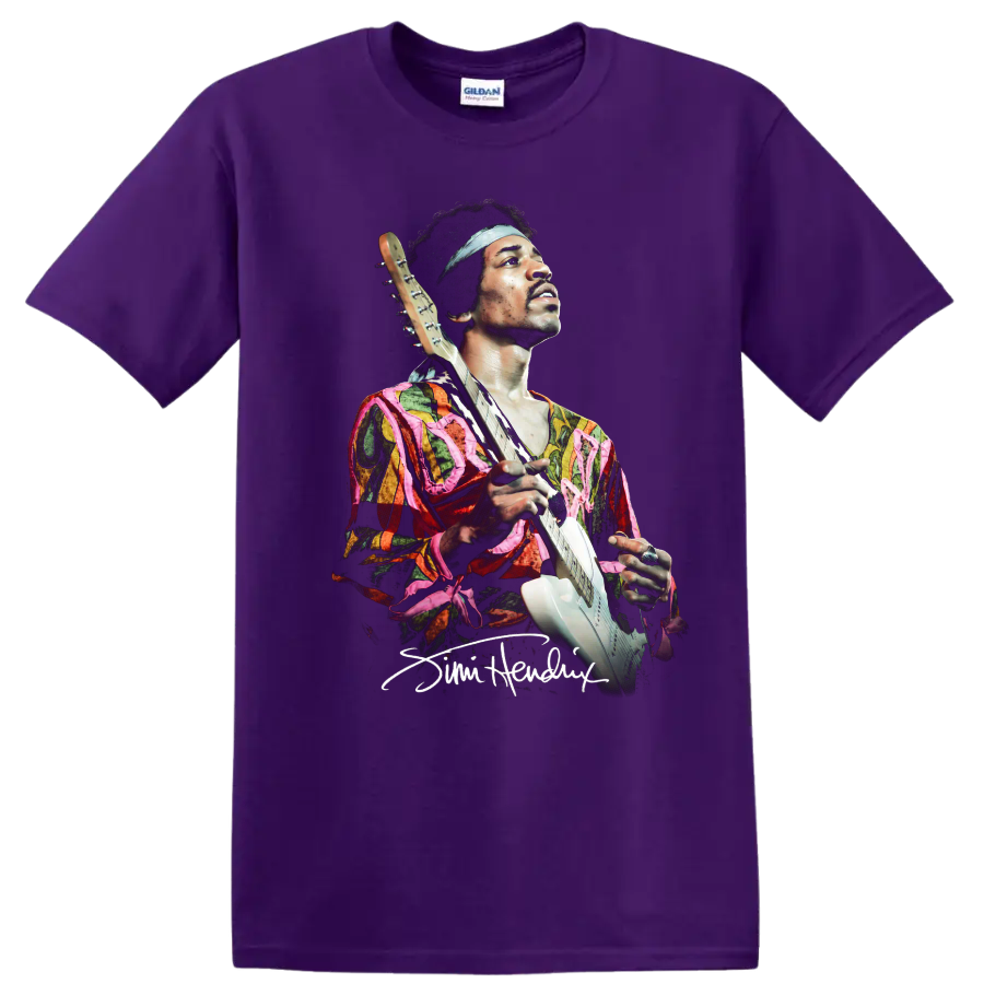 Jimi Hendrix psychedelic portrait holding an electric guitar on a Purple T Shirt