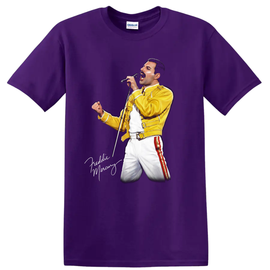 Freddie Mercury performing in yellow 1986 Magic Tour outfit graphic on a Purple T Shirt